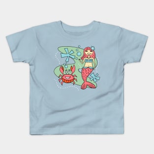 Cute Sweet Retro Mermaid Girl and Funny Crab Friend Kids T-Shirt